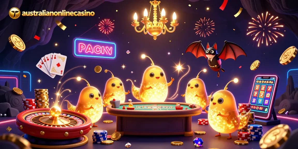 Experience the excitement at australianonlinecasino with glowworms illuminating a dynamic casino scene.