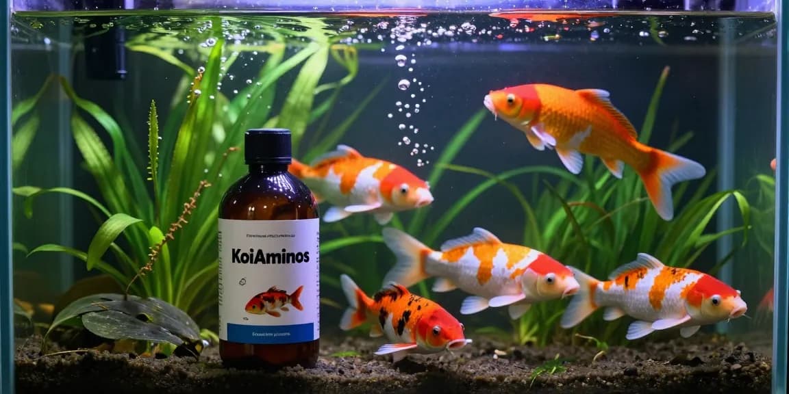 KoiAminos showcased beside vibrant koi fish in an aquarium.