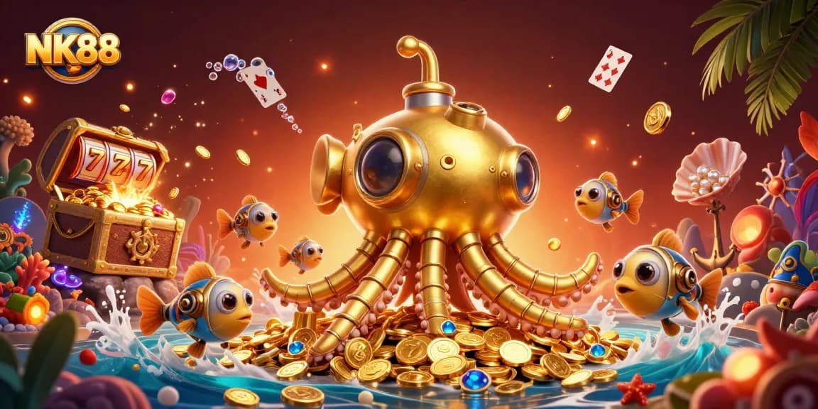 Experience NK88's thrilling online gambling scene featuring vibrant slots and a golden kraken submarine