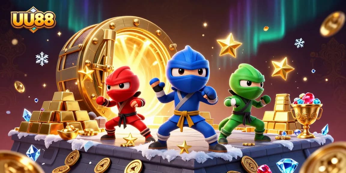 Unleash your gaming potential at UU88 with vibrant chameleon ninjas and gold bars in a dynamic casino setting.