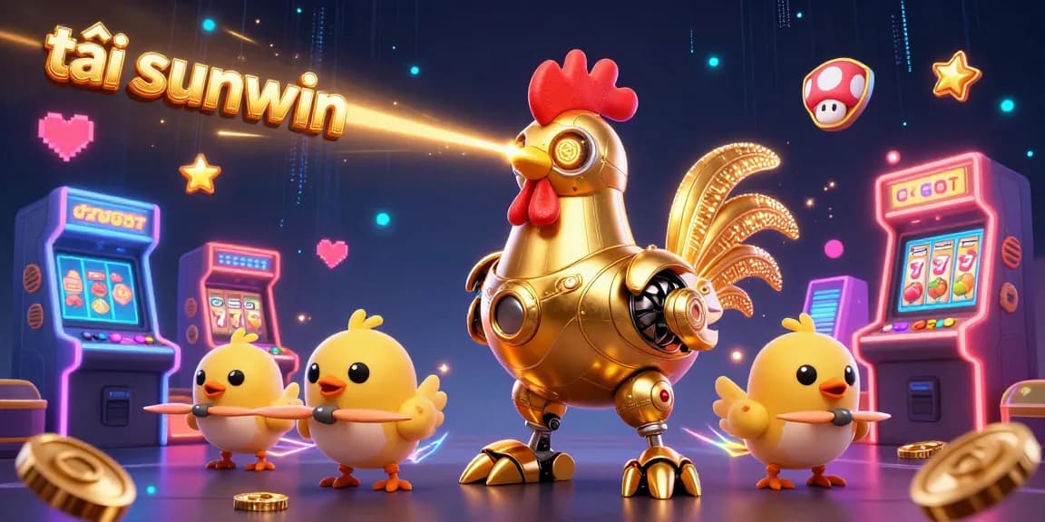 Engage with the vibrant scene of tải sunwin featuring a golden rooster robot amidst electrifying casino visuals.
