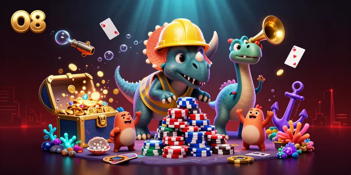 Experience O8's vibrant casino excitement with poker chips and cheerful dinosaurs in a dazzling underwater celebration.