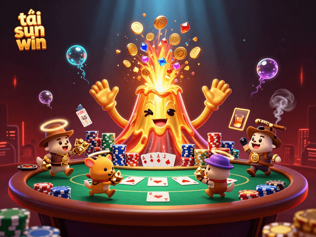 Engage and win with tải sun win as a dynamic volcano spews treasure at a lively poker scene.