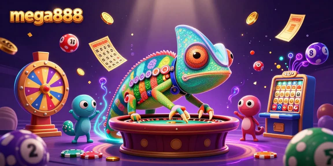 Play exciting games with mega888, featuring a dynamic chameleon casino owner amidst vibrant lottery elements.