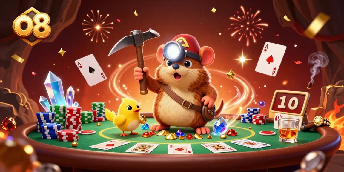 Experience thrilling poker adventures with o8's treasure hunter in a vibrant casino scene.