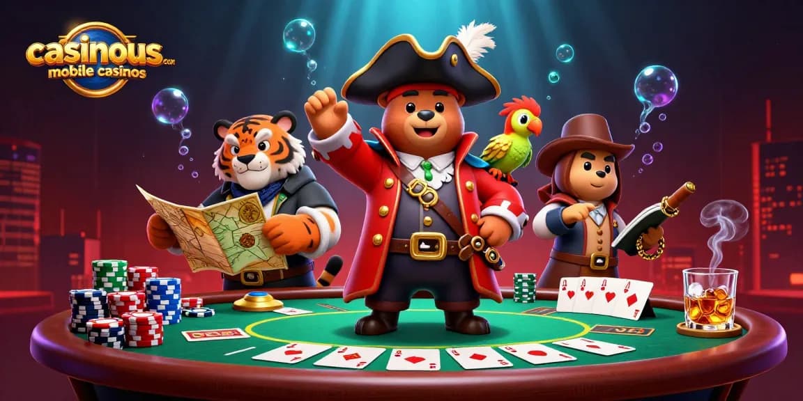 Experience thrilling gameplay at casinous.com mobile casinos with cartoon pirate characters and poker elements.