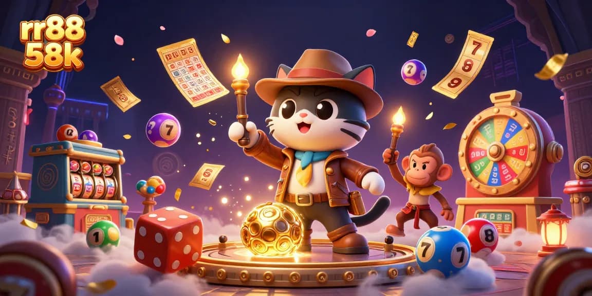 Experience the excitement of rr88 58k with a vibrant casino scene featuring dynamic lottery balls and a treasure hunt.