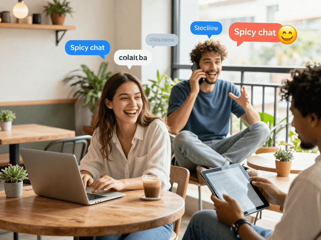 Engaging spicy chat scene with diverse individuals enjoying lively online conversations in cozy, vibrant settings.