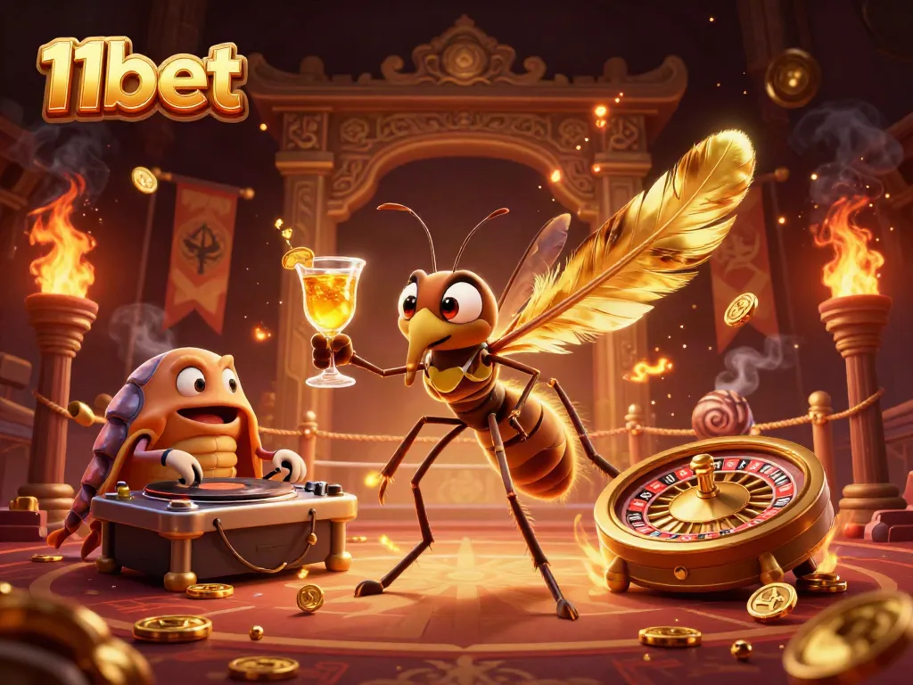 Engage with 11bet's vibrant casino scene featuring a unique frozen mosquito mascot and animated elements.