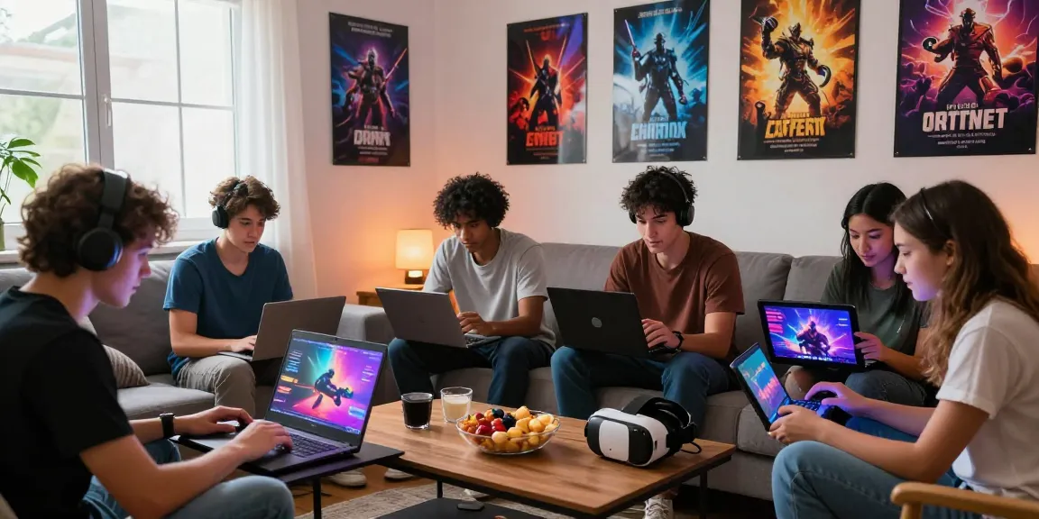 Friends enjoying free porn games in a cozy gaming room with vibrant atmosphere.
