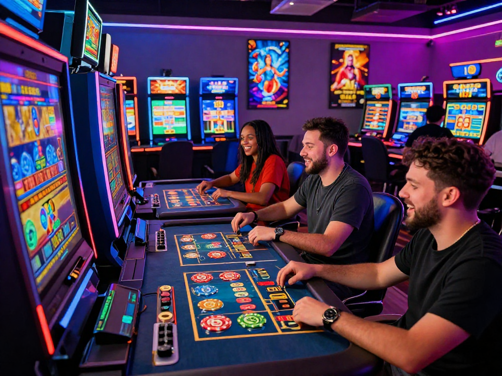 Engaging players at a dynamic crypto casino, enjoying interactive games and vibrant atmosphere.