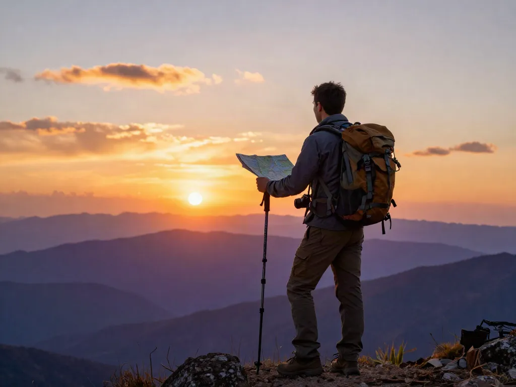Traveler at a scenic mountain viewpoint during sunset, exploring travel destinations with a map in hand.