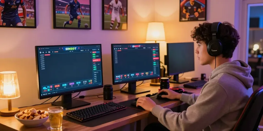 Gamer enjoying sin88 live betting experience at home with multiple screens in a cozy setting.