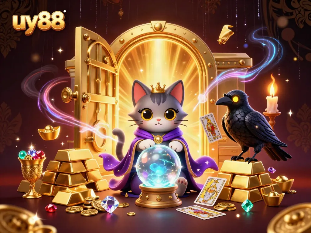 Engage in thrilling gameplay at uy88 with a mystic cat and raven amidst treasure.