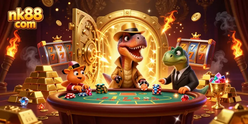 Engage with nk88 com in a vibrant casino scene featuring a velociraptor card counter and treasure elements.
