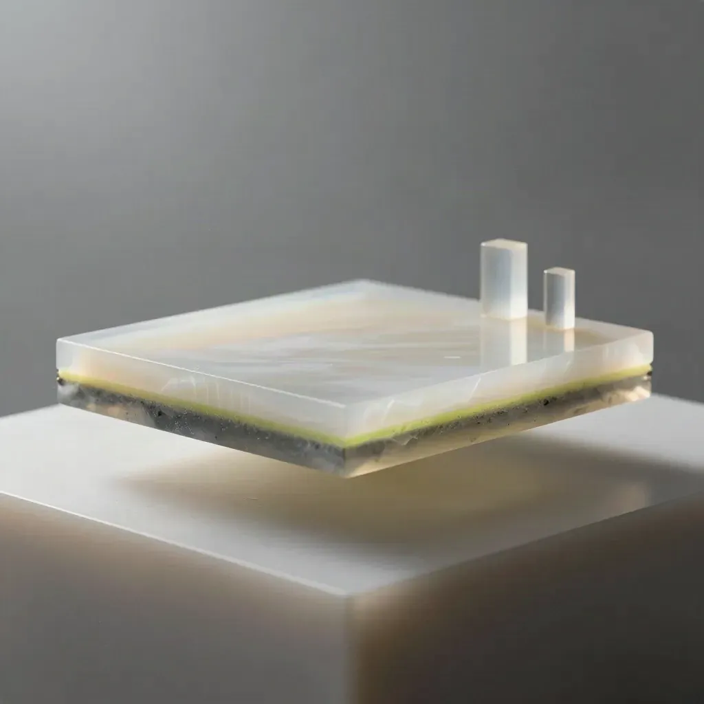 Translucent forecast slab with calibration blocks on a pale resin plinth in fog-grey light.