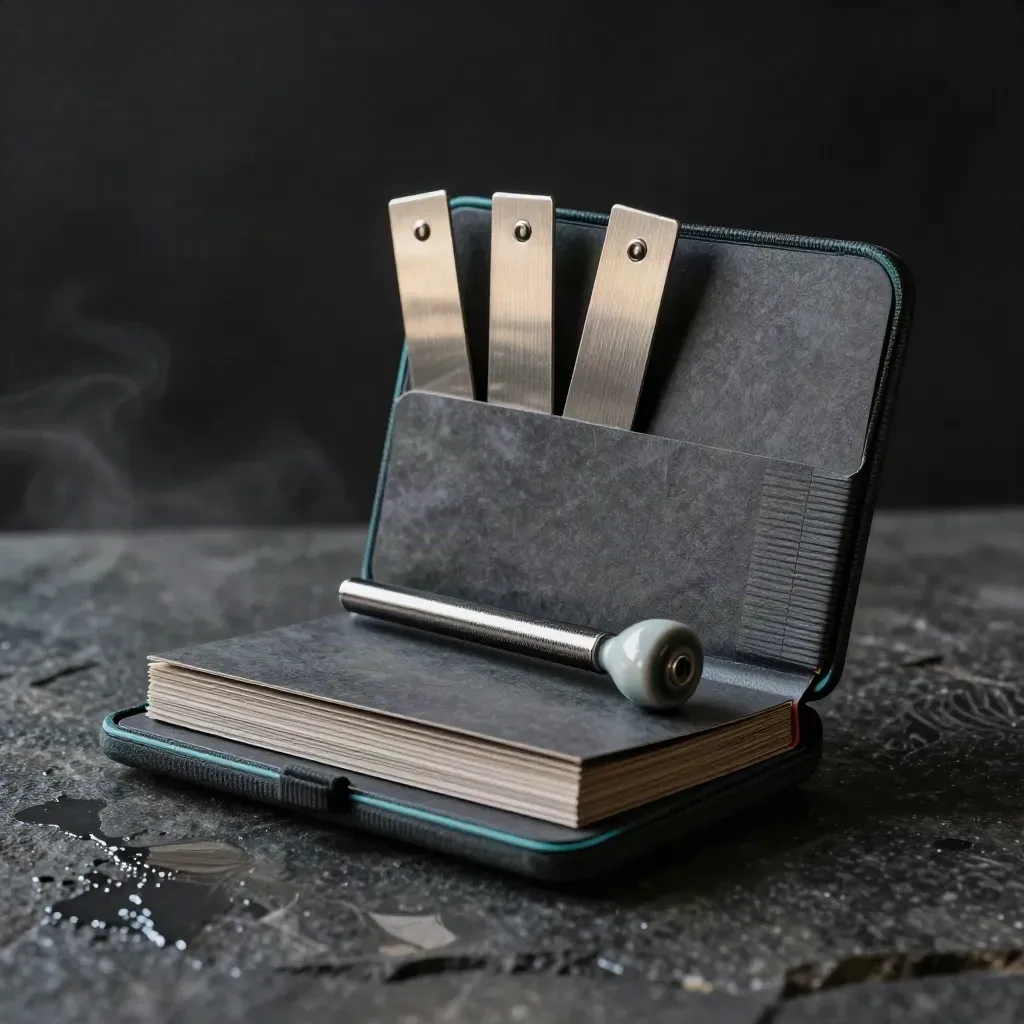 Dark graphite scorecard kit with metal tabs, ceramic weight and ribbed sleeve on wet stone.