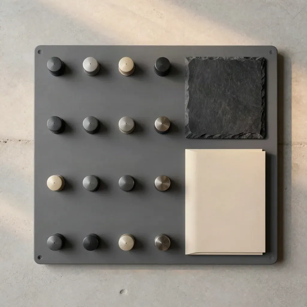 Overhead flatlay of an inventory cover board with magnetic markers and inserts on pale concrete.