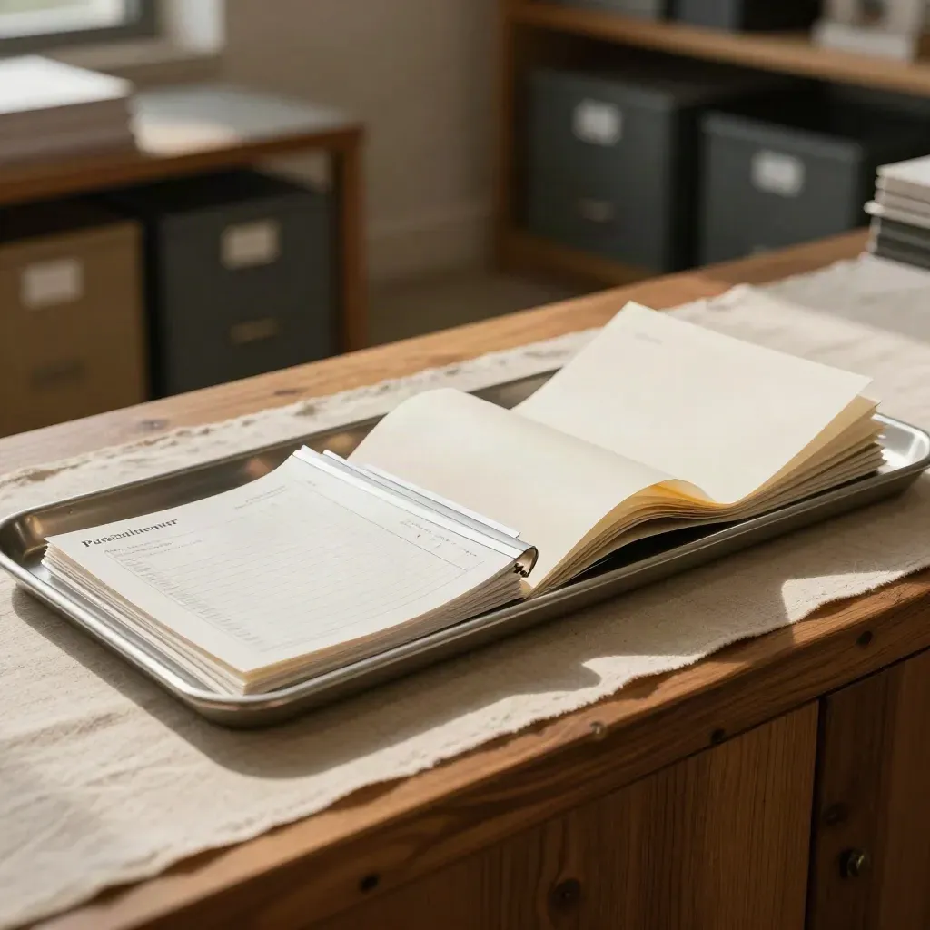 PO workflow materials on linen runner in a warm office setting