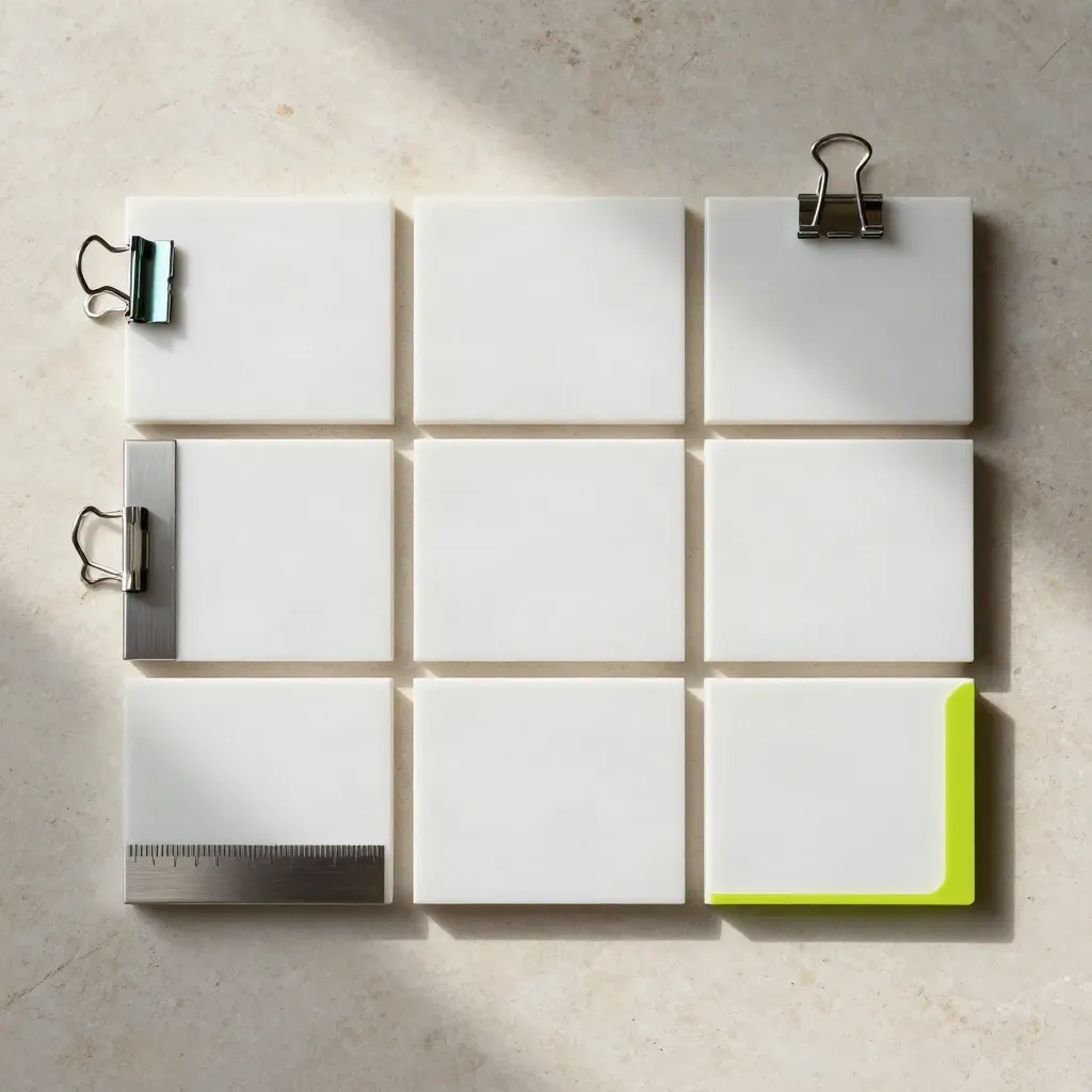 Overhead flatlay of white order status panels, mirrored clips and a lime accent on limestone.
