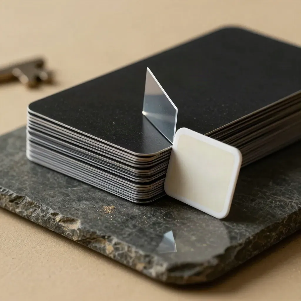 Layered black report cards pierced by a translucent wedge on dark stone, lit dramatically.