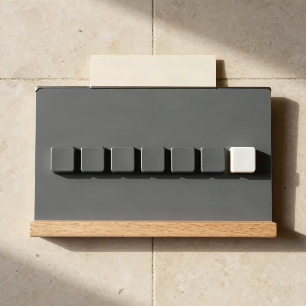 Overhead graphite reorder point board with magnetic blocks on pale travertine