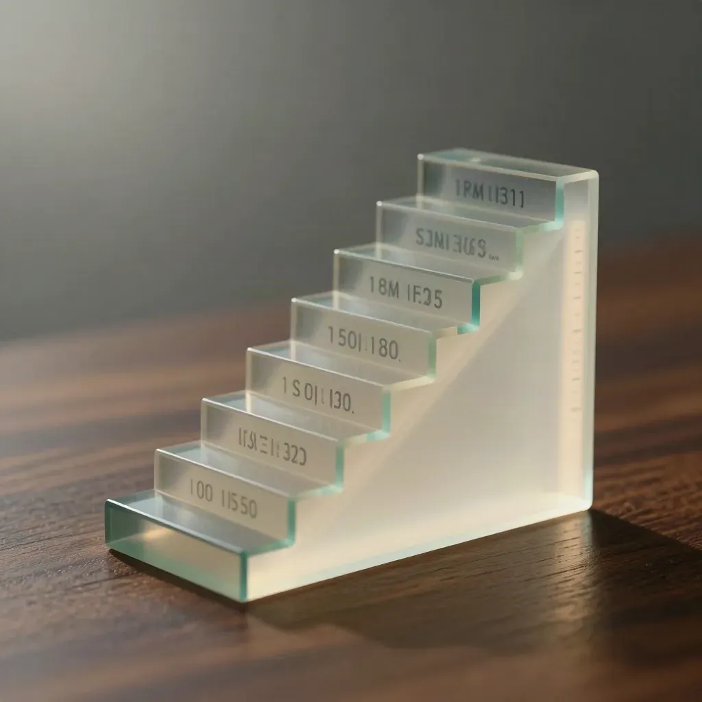Smoked acrylic monthly tiles stacked like a demand staircase on a dark surface with teal light.