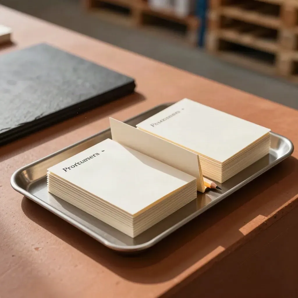 Cream procurement task cards, pencil stub, and brushed tray on a terracotta-toned warehouse counter.