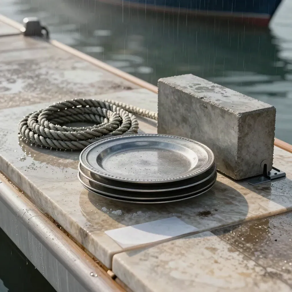 Rain-damp dock materials in grey metal, rope and concrete on pale limestone.