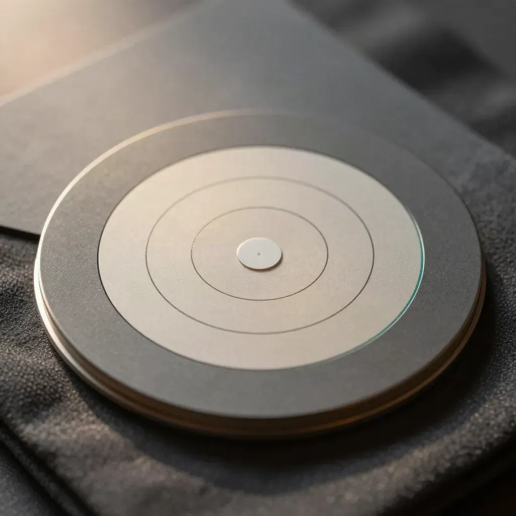 Macro of concentric charcoal ring cards with a pale centre marker on cloth.