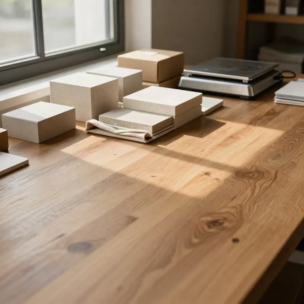 Oak packing table by warehouse window with sample blocks, cloth and parcel boxes in warm light