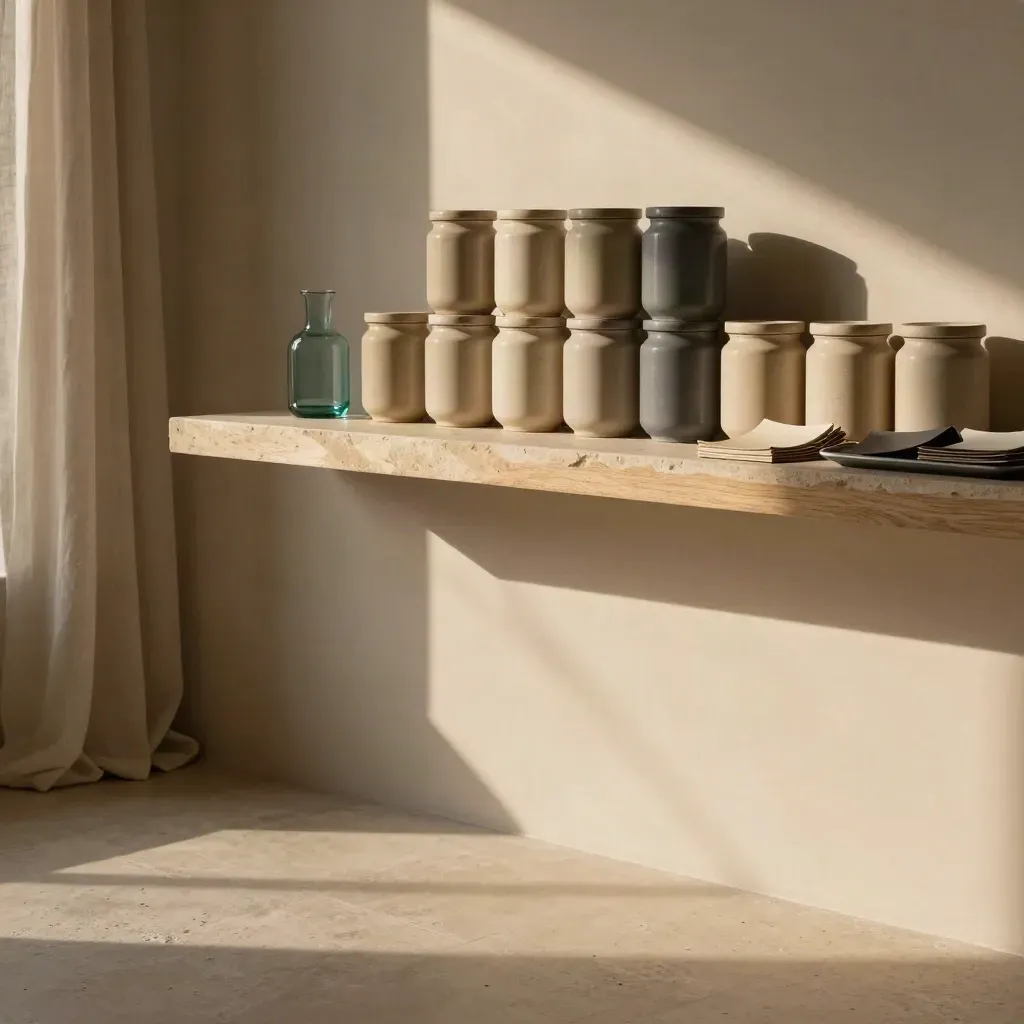 Warm editorial room with jars, stone shelf, linen curtain, and calm copy space.