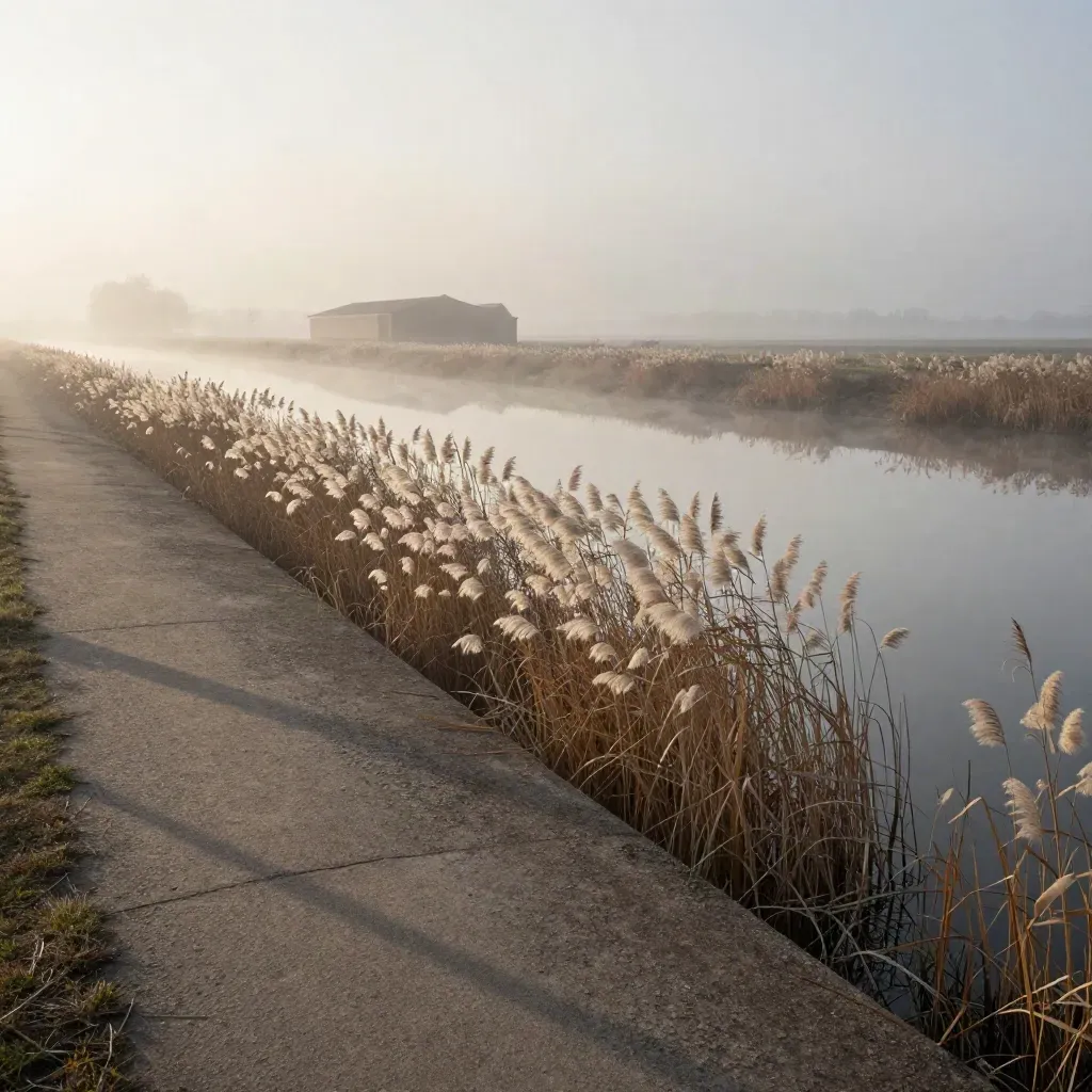 Misty canal embankment at sunrise with reeds, concrete edge and distant warehouse roofs