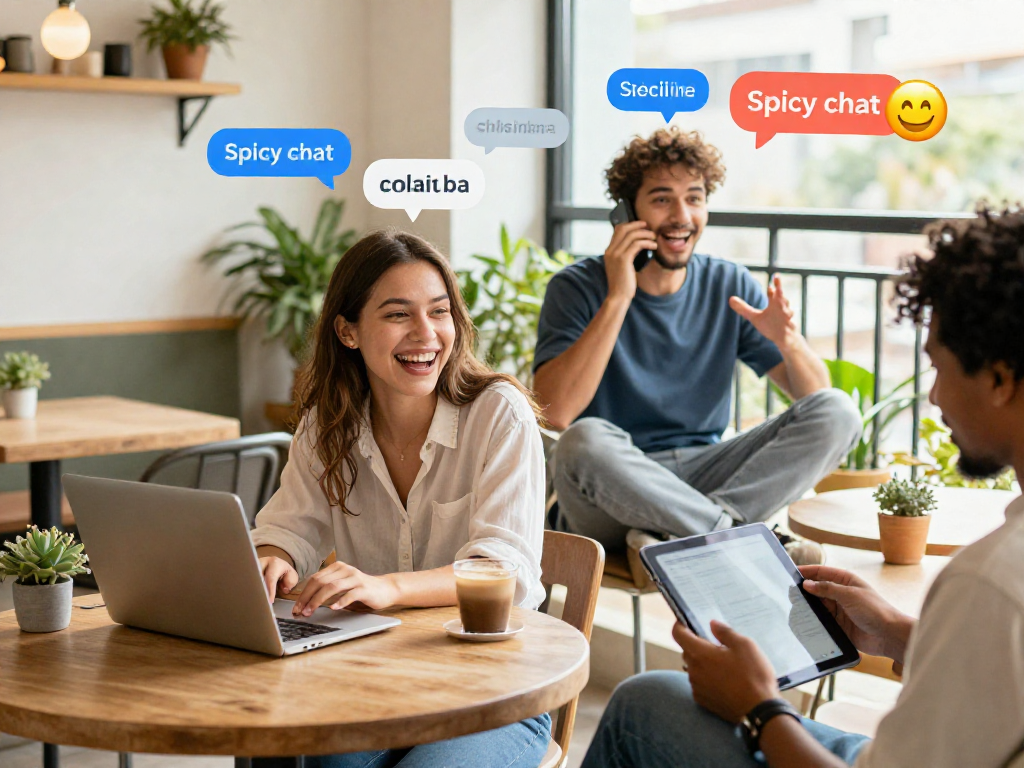 Engaging spicy chat scene with diverse individuals enjoying lively online conversations in cozy, vibrant settings.