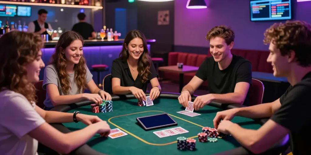 Engaging gaming night at http://11bet-app.net/ with friends at a poker table.