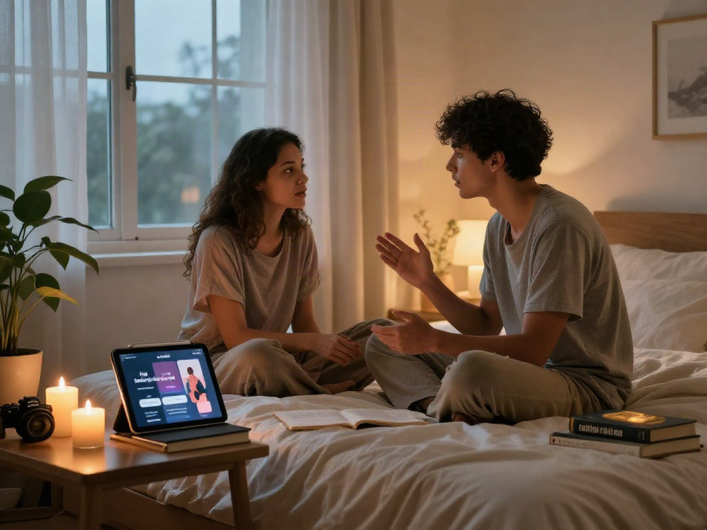 Couple exploring intimacy with sex ai app in a cozy bedroom, soft lighting and romantic atmosphere.