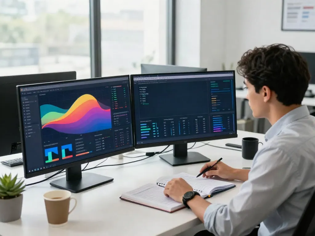 Digital marketing professional analyzing instant indexing metrics in a modern office.