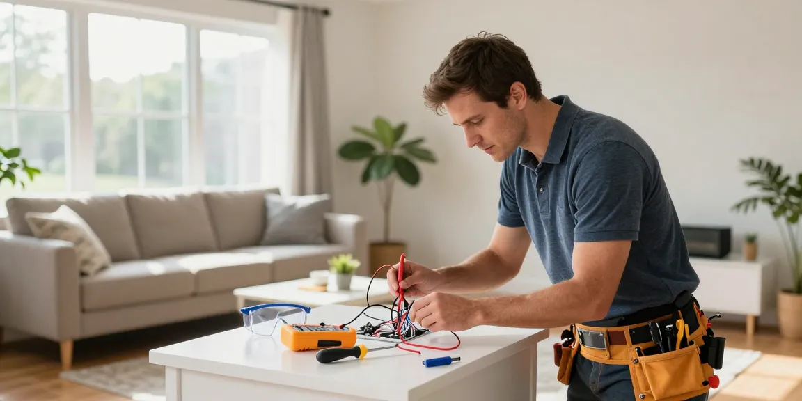 Electrician Stevens Point WI servicing residential wiring in a bright, modern living room.