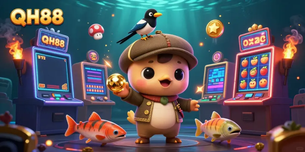 Experience thrilling slots at QH88 with a vibrant cartoon scene featuring Nessie and friends.