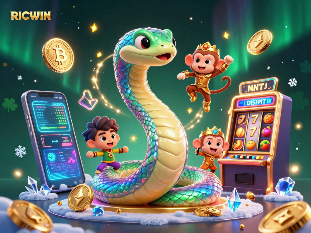 Engage in RICWIN with a vibrant 3D casino scene featuring a serpent, monkey king, and crypto elements.