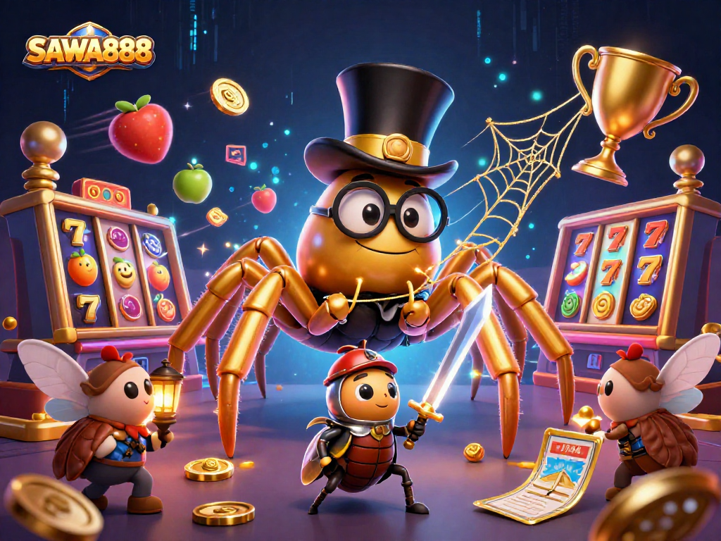 Engage with SAWA888 through a vibrant slot game scene featuring a golden tarantula and beetle knight.