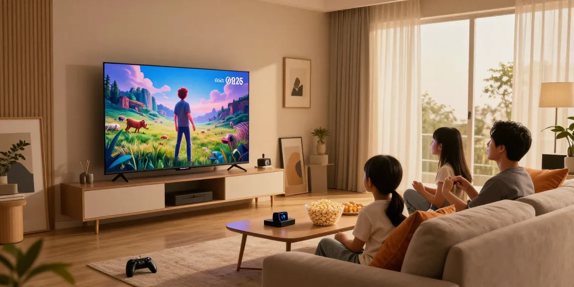 Family enjoying OLED TV 2026 in a cozy living room with ambient lighting.