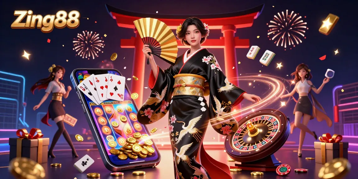 Zing88 offers a thrilling gaming experience with an elegant scene showcasing slot reels, golden coins, and vibrant casino elements.