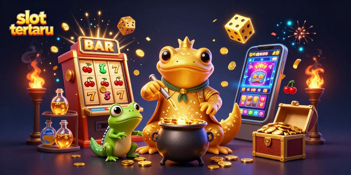 Experience the excitement of slot terbaru with a vivid 3D illustration showcasing golden elements, a giant salamander alchemist, and dynamic game features.
