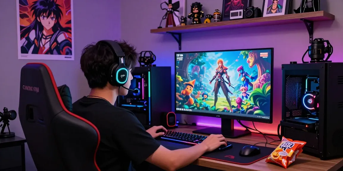 Engaging gamer immersed in mind control hentai game, surrounded by vibrant visuals and RGB gaming setup.