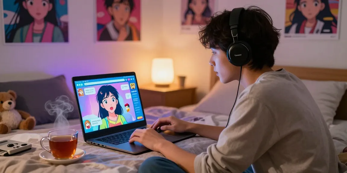 Free AI ecchi chat scene with user engaging in interactive AI character conversation in cozy bedroom.