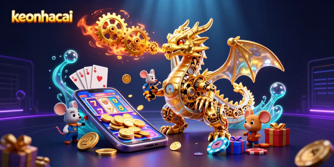 Engage with keonhacai's vibrant casino world featuring a golden dragon and dynamic gaming elements.