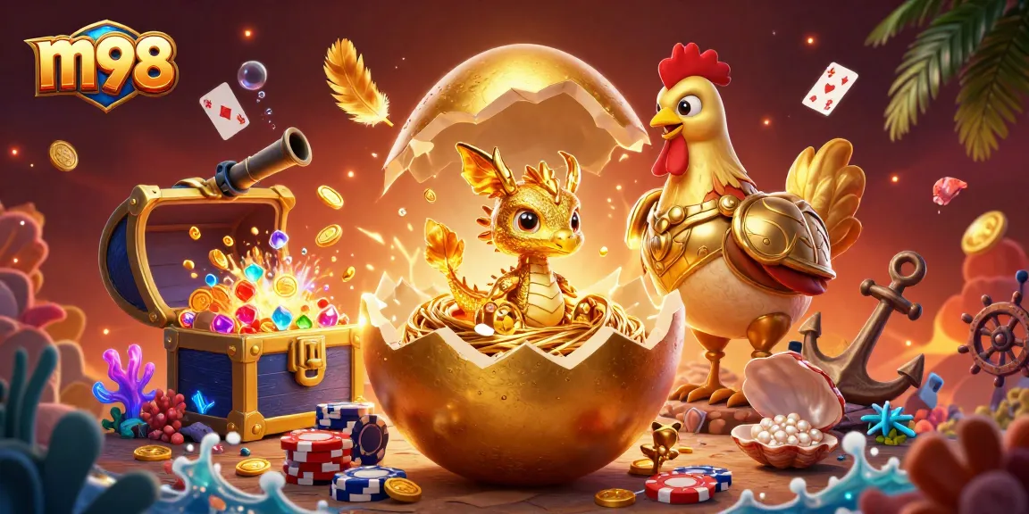 Experience m98's thrilling dragon-themed casino adventure with golden chips and colorful gems.