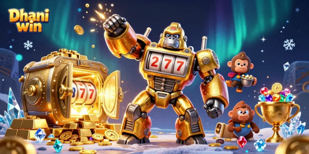 Dhani win slot games come alive with a golden gorilla mech surrounded by jewels and treasures.