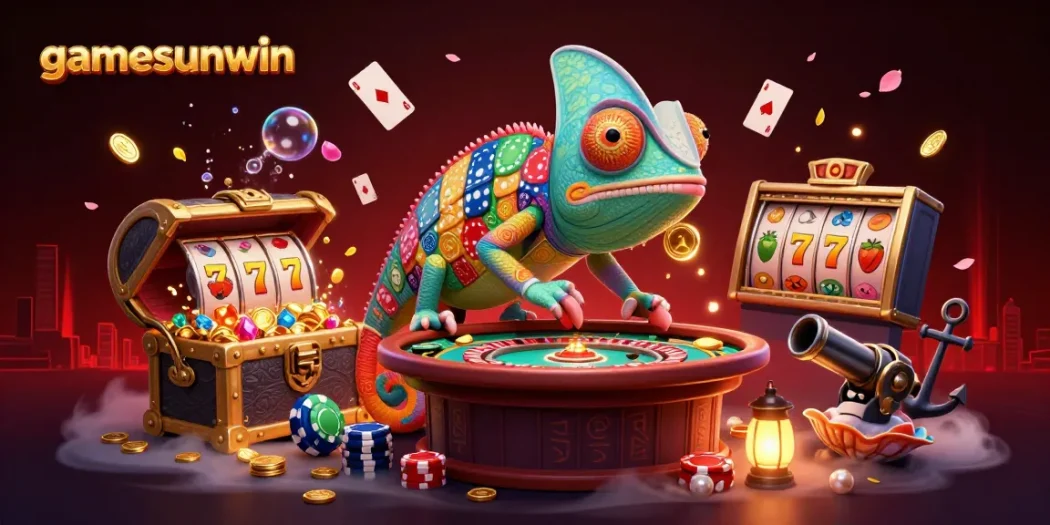 Join the vibrant world of gamesunwin with a colorful chameleon casino owner in a dynamic gambling scene.